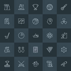 Modern Simple Set of science, sports, education Vector outline Icons. Contains such Icons as  championship, laboratory,  energy,  pool,  cue and more on dark background. Fully Editable. Pixel Perfect.