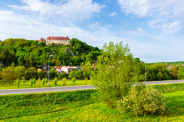 View of Przegorzaly castle and road to Krakow city in springtime, Poland