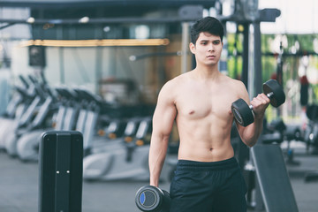 Fototapeta na wymiar Shirtless young muscular man lift dumbbells in gym. bodybuilder male working out in fitness center.