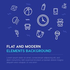 transports, valentine, kids and toys outline vector icons and elements background concept on blue background.Multipurpose use on websites, presentations, brochures and more
