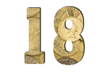 18 Number.  Shiny golden coins textures for designers. White isolate