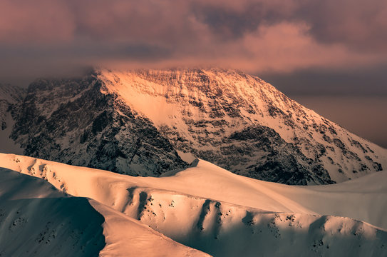 Winter sunset in Tatra Mountains, landscape of Krywan, Slovakia