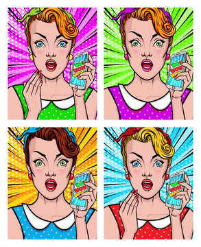Pop Art girl vector portrait set. Comic woman holding mobile phone in her hand. Amazed, wow, cute face, wow, makeup, wonder.  Sale, discount, special offer banner or poster.