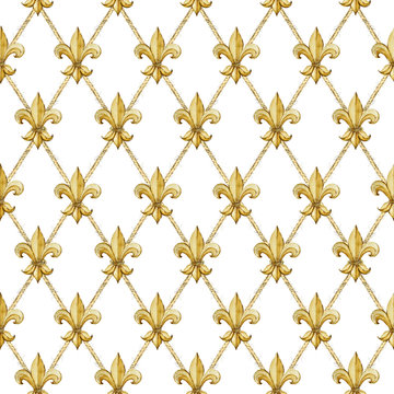watercolor golden fleur-de-lis pattern. Gold royal lily seamless background