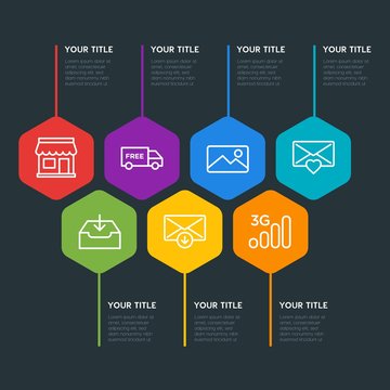 Flat geometric mobile, email, shopping infographic steps template with 7 options for presentations, advertising, annual reports