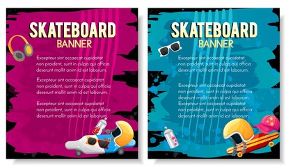 Set of 2 cards with skateboard related elements isolated on grunge, urban colored graffiti background. Template for flyer,banner, magazine, poster,cover, banner,greeting card,invitation. Vector