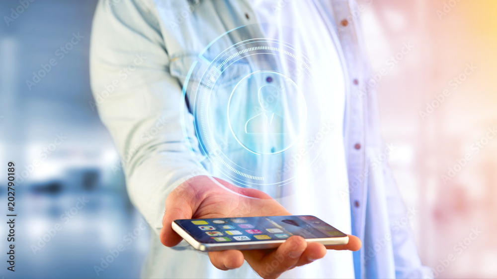 Poster businessman using a smartphone with a shinny technologic network contact button - 3d render