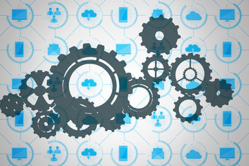 Cogs and wheels against app interface