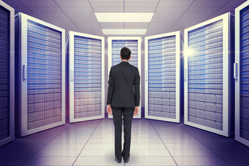 Fototapeta premium Businessman turning his back to camera against digitally generated server room with towers
