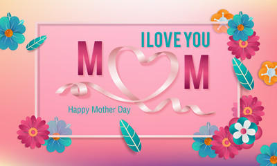 Happy Mothers Day. Vector Festive Holiday Illustration With Lettering And Pink Ribbon Heart
