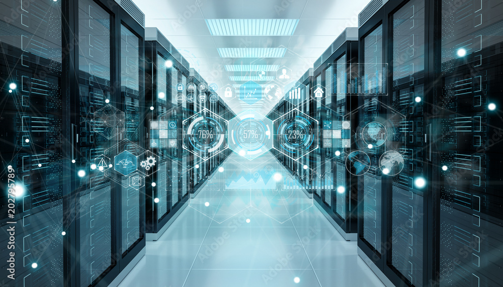 Poster graph holograms flying over server room data center 3d rendering