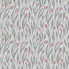 Tulips flowers pattern. Hand drawn floral seamless vector background. Abstract nature texture for wallpaper, wrapping paper, textile design, surface, fabric.