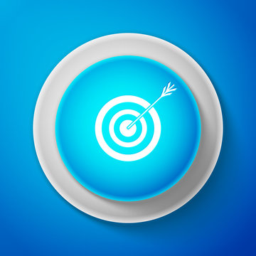 White Target with arrow icon isolated on blue background. Dart board sign. Archery board icon. Dartboard sign. Business goal concept. Circle blue button with white line. Vector Illustration