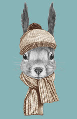 Portrait of Squirrel with hat and scarf,  hand-drawn illustration