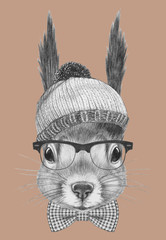 Portrait of Hipster, portrait of Squirrel
with sunglasses, hat and bow tie, 
hand-drawn illustration