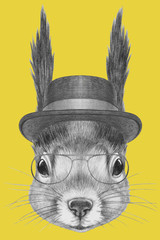 Portrait of Squirrel with hat and glasses,  hand-drawn illustration