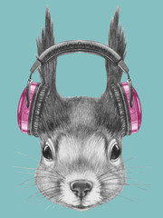 Portrait of Squirrel with headphone,  hand-drawn illustration