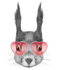 Squirrel in Love! Portrait of Squirrel with sunglasses,  hand-drawn illustration