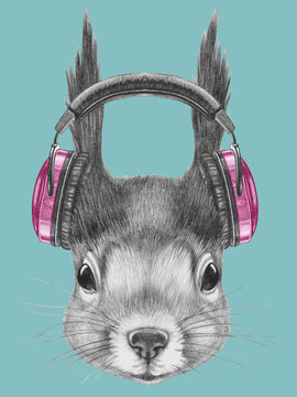 Portrait of Squirrel with headphone,  hand-drawn illustration