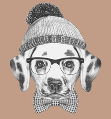 Portrait of Hipster, portrait of Dalmatian
with sunglasses, hat and bow tie, 
hand-drawn illustration
