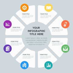 Circle chart business, money, charts infographic template with 8 options for presentations, advertising, annual reports