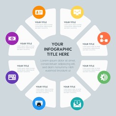 Circle chart business, money, charts infographic template with 8 options for presentations, advertising, annual reports
