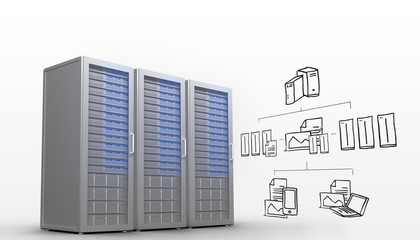 Cloud computing doodle against three digital grey server towers