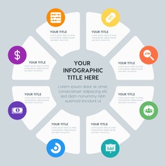 Obraz premium Circle chart business, money, charts infographic template with 8 options for presentations, advertising, annual reports