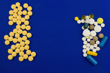 Medicine theme, Color tablets antibiotic pills. Pharmacy concept. Empty space for text