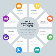 Circle chart business, money, charts infographic template with 8 options for presentations, advertising, annual reports