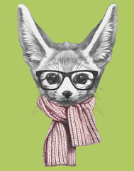 Portrait of Fennec Fox with glasses and scarf,  hand-drawn illustration