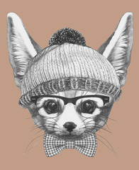  Portrait of Hipster, portrait of Fennec Fox with sunglasses, hat and bow tie, 
hand-drawn illustration