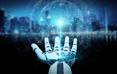 White cyborg hand using planet Earth interface 3D rendering