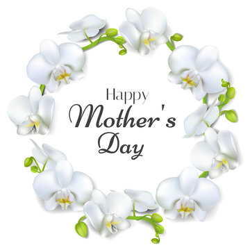 Mothers Day. Flowers. Orchids. Wreath. Tropical plants. Floral background. Border. Frame. Leaves. Ornament. Congratulation. Festive illustration. White.