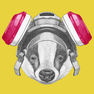 Portrait of Badger with gas mask, hand-drawn illustration