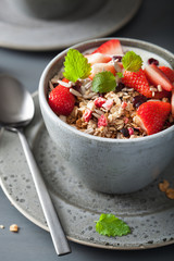 granola and yogurt with seeds and strawberry for breakfast