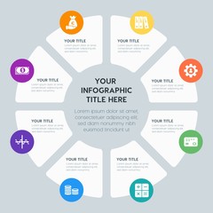 Obraz premium Circle chart business, money, charts infographic template with 8 options for presentations, advertising, annual reports