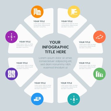 Circle chart business, money, charts infographic template with 8 options for presentations, advertising, annual reports