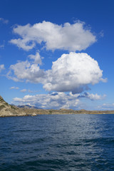 Fototapeta na wymiar View from the sea to the Crimean mountains