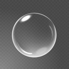 Big transparent glass sphere with glares and shadow. Realistic Soap bubble. Transparency only in vector file