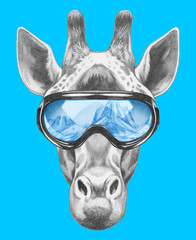 Portrait of Giraffe with goggles,  hand-drawn illustration