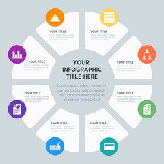 Circle chart business, money, charts infographic template with 8 options for presentations, advertising, annual reports