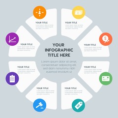 Obraz premium Circle chart business, money, charts infographic template with 8 options for presentations, advertising, annual reports