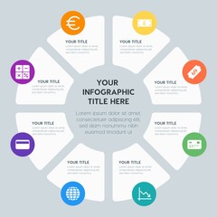 Obraz premium Circle chart business, money, charts infographic template with 8 options for presentations, advertising, annual reports