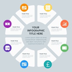 Circle chart business, money, charts infographic template with 8 options for presentations, advertising, annual reports