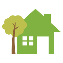 Green home and trees isolated on white.