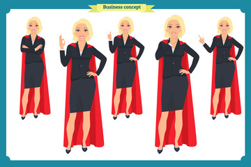 Fototapeta premium Set of super Businesswoman character design with different poses. Illustration isolated vector on white in flat cartoon style. Women in office clothes. Business superheros people.