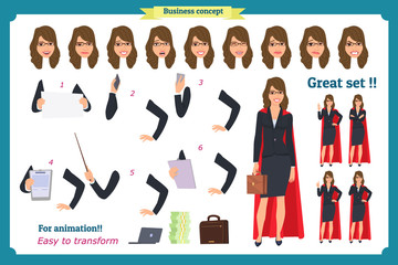 Set of super Businesswoman character design with different poses. Illustration isolated vector on white in flat cartoon style. Women in office clothes. Business superheros people.
