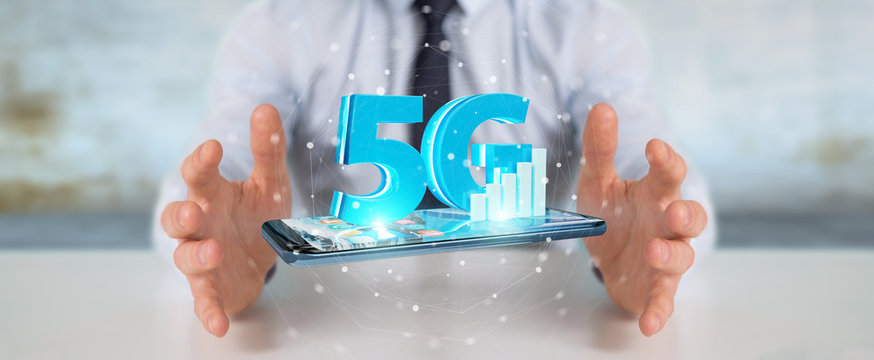 Businessman using 5G network with mobile phone 3D rendering