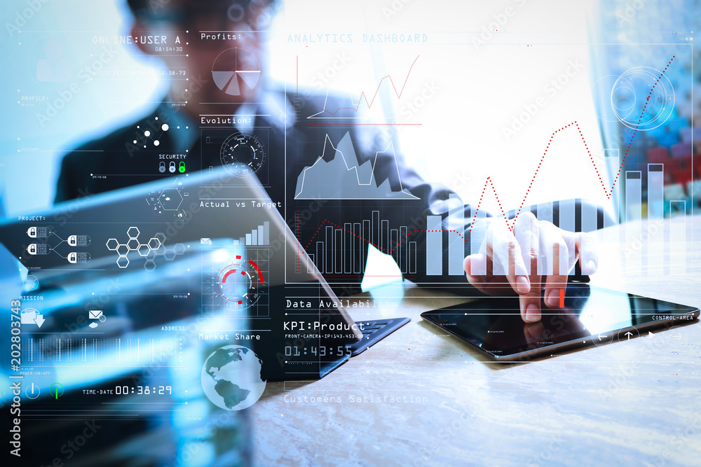 Poster Businessman hand touching digital tablet.Photo finance manager working new Investment project office.Using new technology device.Graphic icons.Strategy business stock exchanges interface layer effect